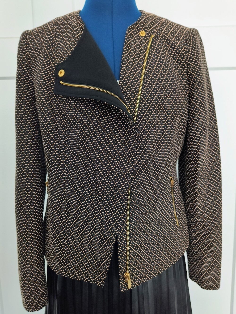 Bar III Black & Cream Tweed Zip-Front Blazer Jacket